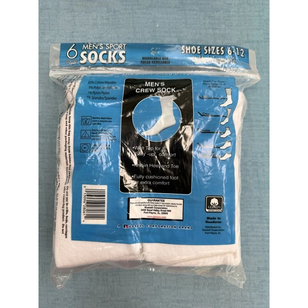 Vintage Jerzees Men’s Cotton Crew Socks 6 Pair Men’s Shoe Size 6.5- 12 Lycra USA